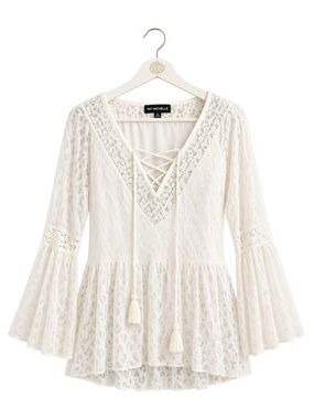 Womens Fairy Lace Top Medium Angelcore Festival Ren Faire Tassel Bell Sleeves